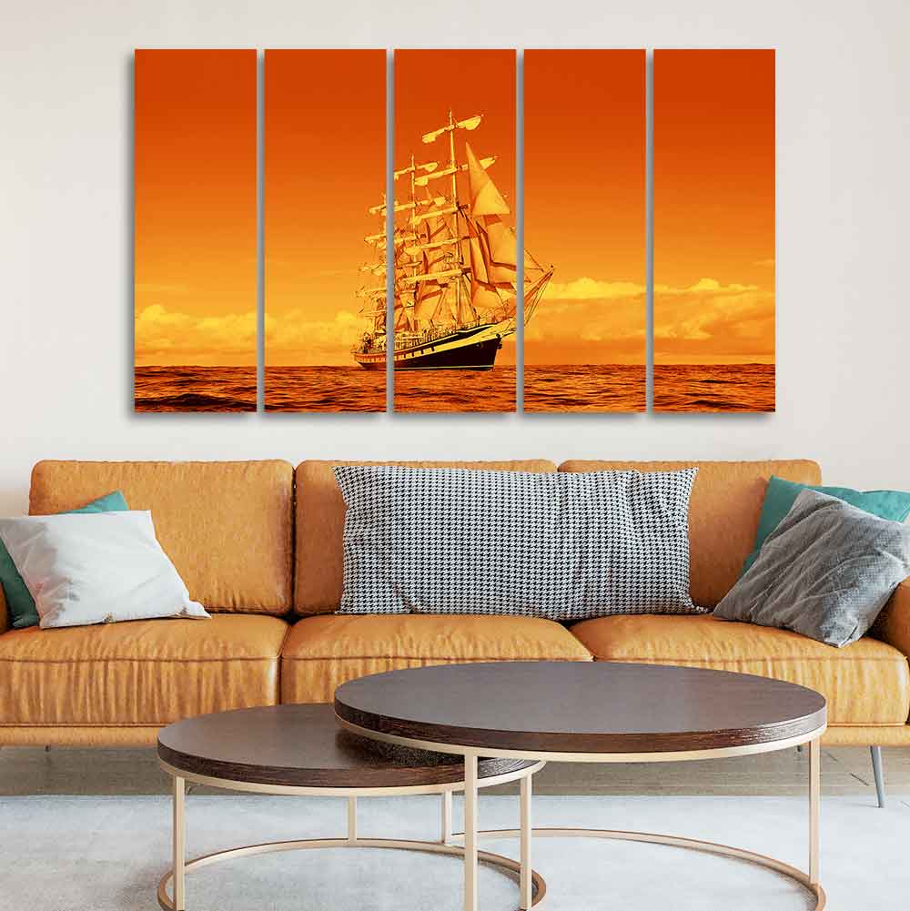 Sailing Ship in Golden Hour Premium Wall Painting Set of Five DECORMANTRA