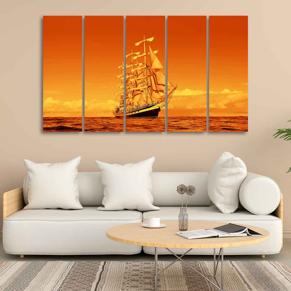 Sailing Ship in Golden Hour Premium Wall Painting Set of Five DECORMANTRA