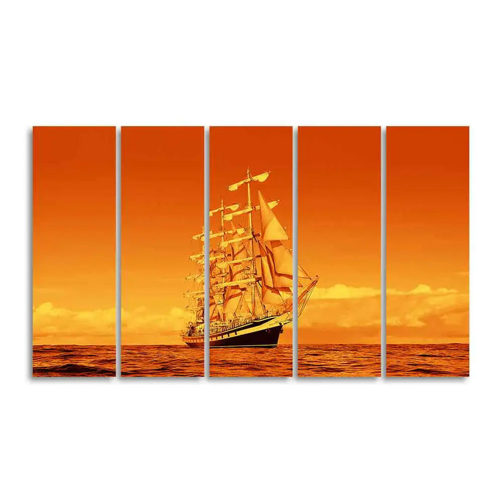 Sailing Ship in Golden Hour Premium Wall Painting Set of Five DECORMANTRA