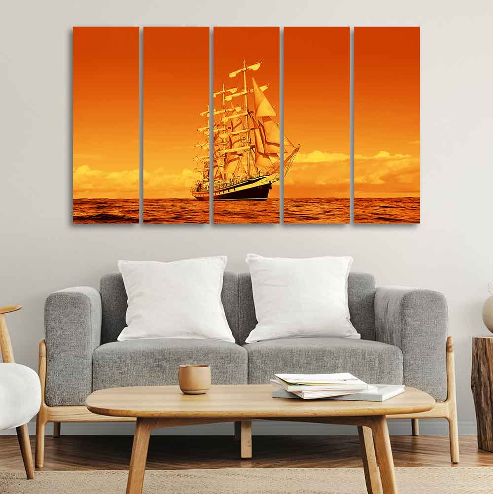 Sailing Ship in Golden Hour Premium Wall Painting Set of Five DECORMANTRA