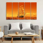 Sailing Ship in Golden Hour Premium Wall Painting Set of Five DECORMANTRA