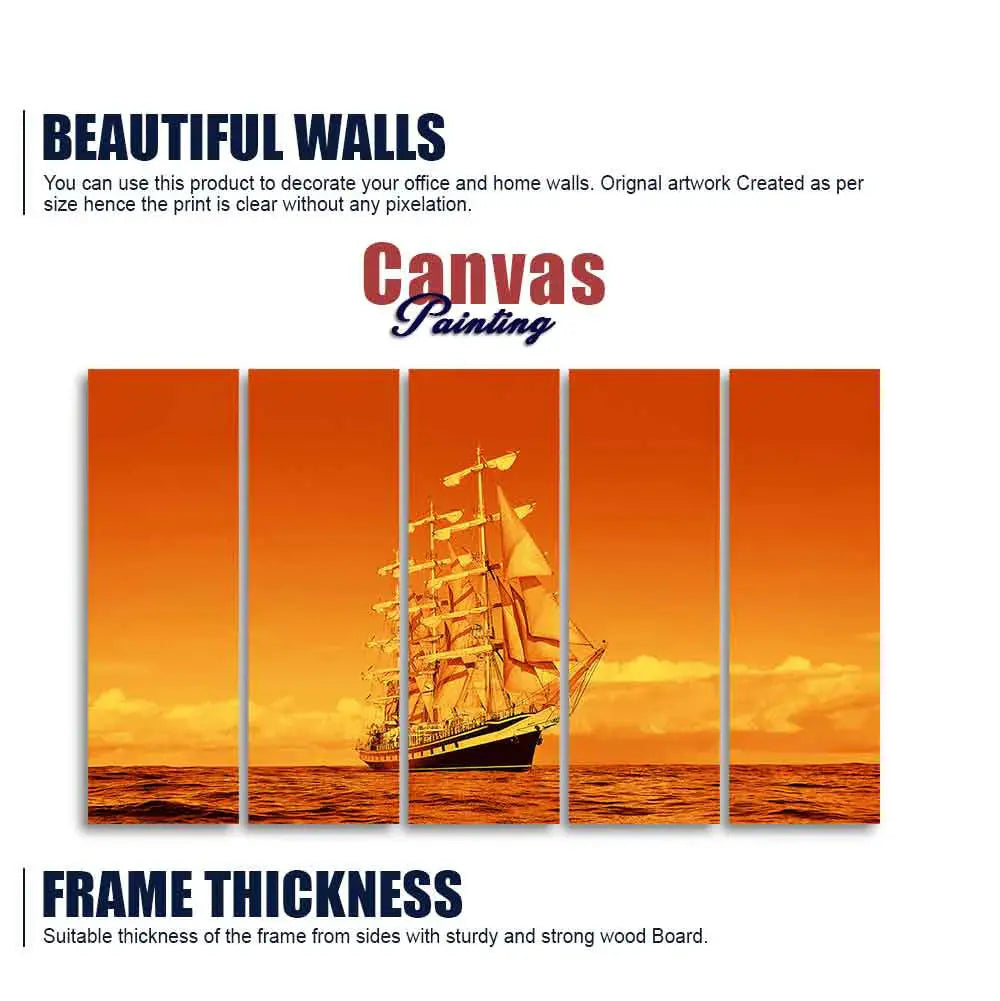 Sailing Ship in Golden Hour Premium Wall Painting Set of Five DECORMANTRA