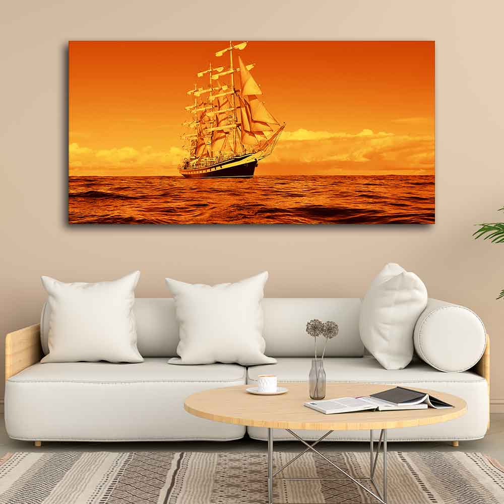Sailing Ship in a Beautiful Golden Hour Premium Wall Painting DECORMANTRA