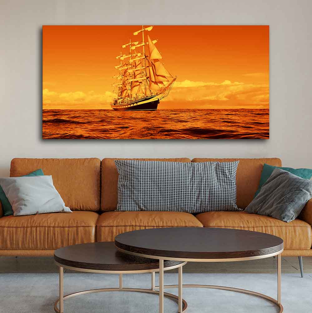 Sailing Ship in a Beautiful Golden Hour Premium Wall Painting DECORMANTRA