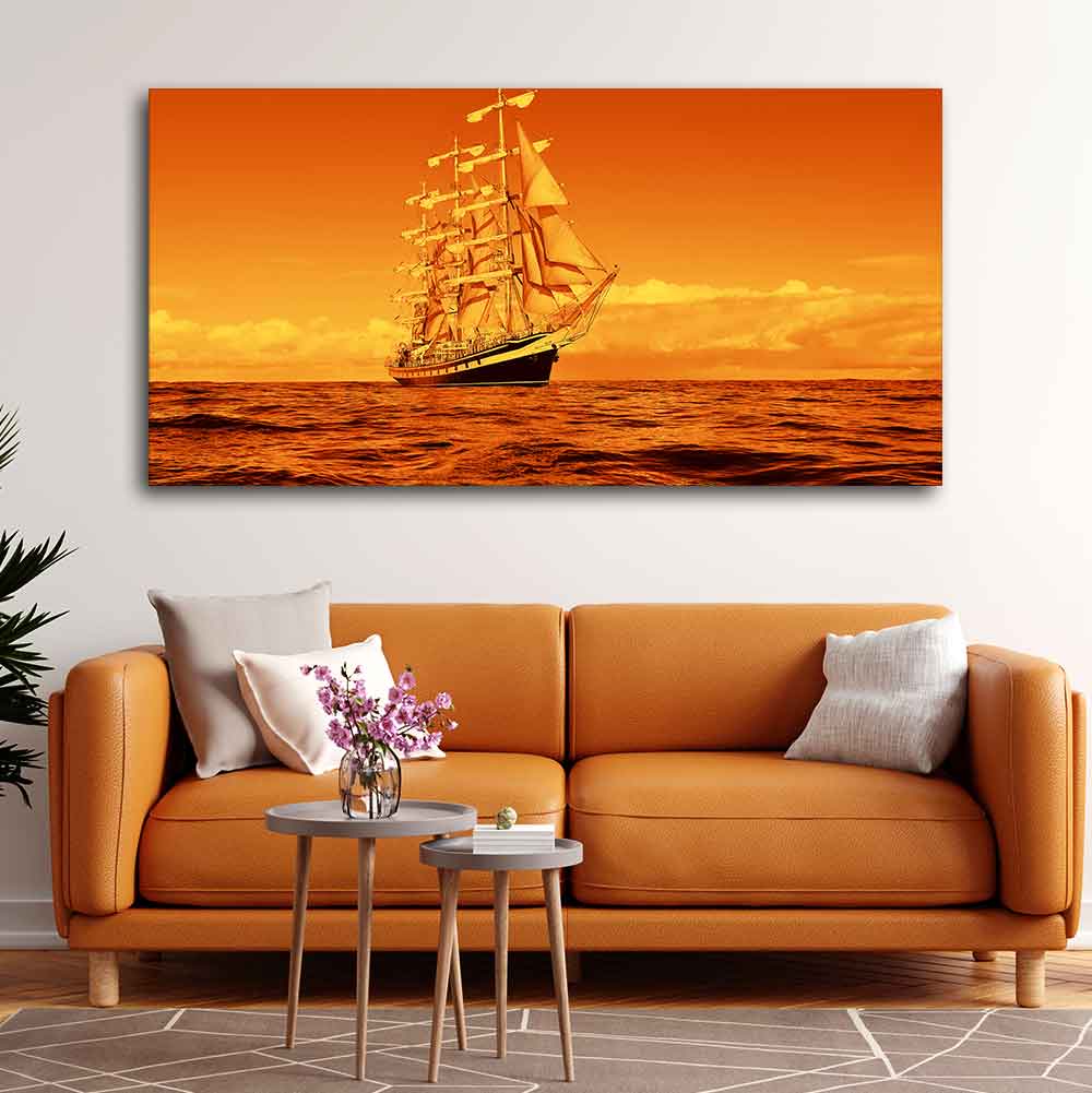 Sailing Ship in a Beautiful Golden Hour Premium Wall Painting DECORMANTRA