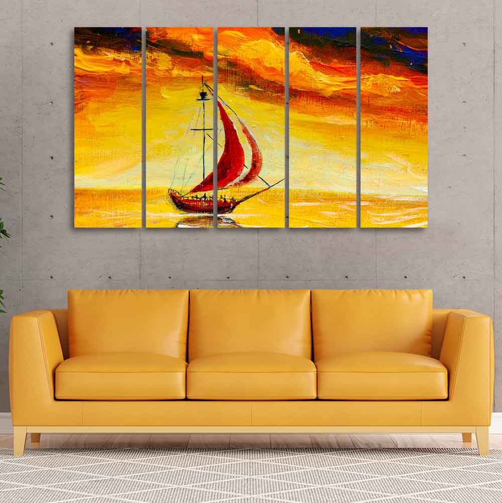 Sailing Ship with Red Sails Five Pieces Wall Painting DECORMANTRA