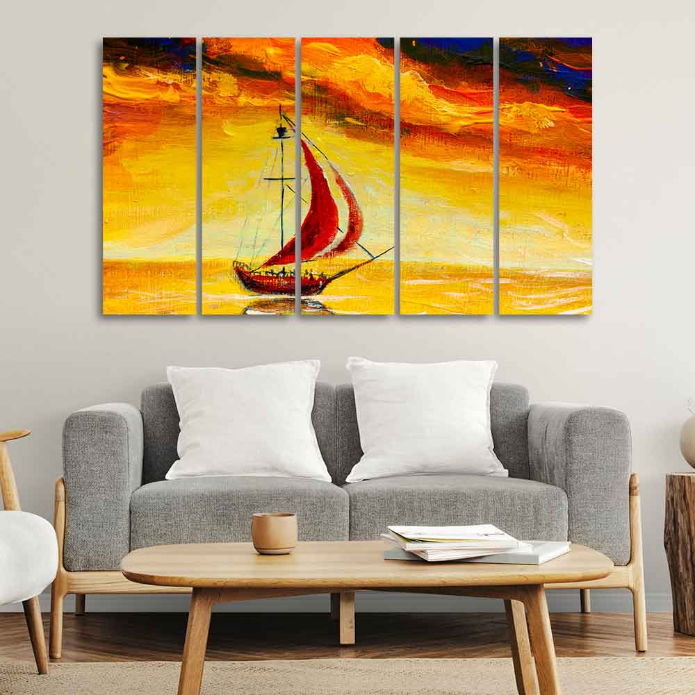Sailing Ship with Red Sails Five Pieces Wall Painting DECORMANTRA