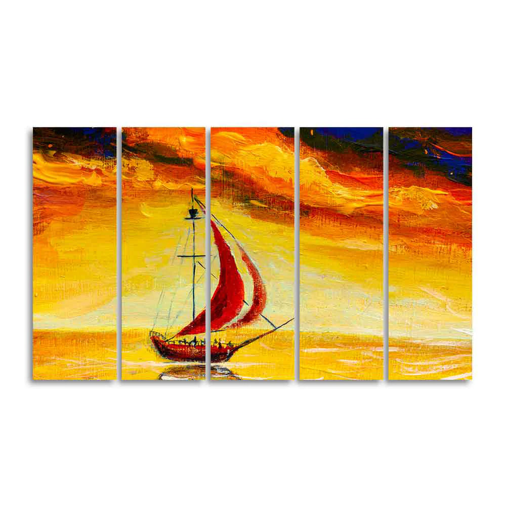 Sailing Ship with Red Sails Five Pieces Wall Painting DECORMANTRA