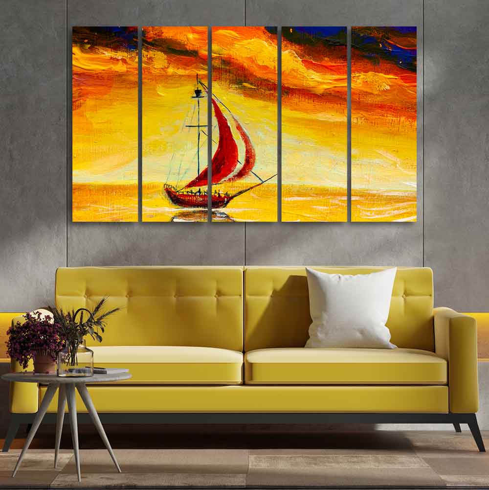 Sailing Ship with Red Sails Five Pieces Wall Painting DECORMANTRA