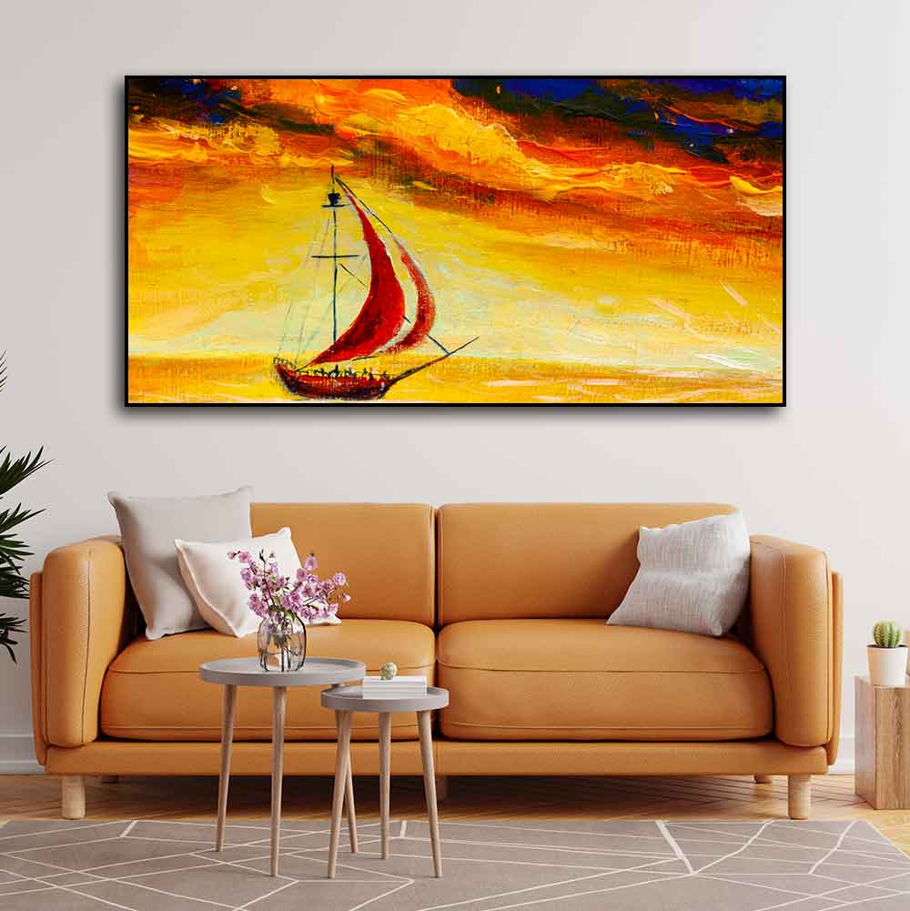 Sailing Ship with Red Sails with Yellow Sea Background Wall Painting DECORMANTRA