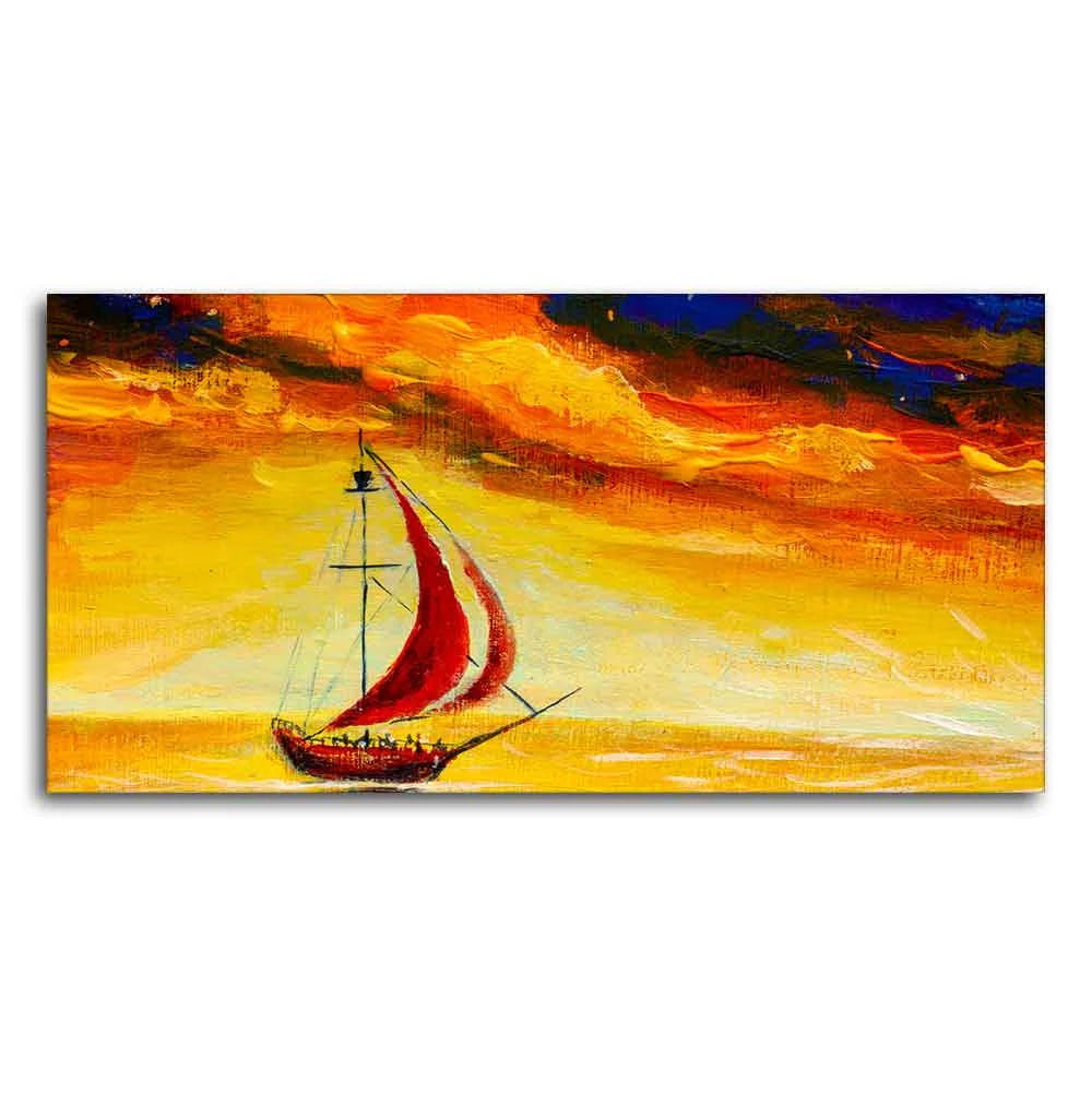 Sailing Ship with Red Sails with Yellow Sea Background Wall Painting DECORMANTRA
