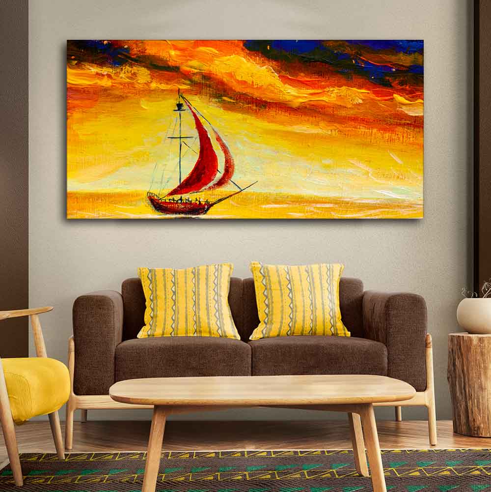 Sailing Ship with Red Sails with Yellow Sea Background Wall Painting DECORMANTRA