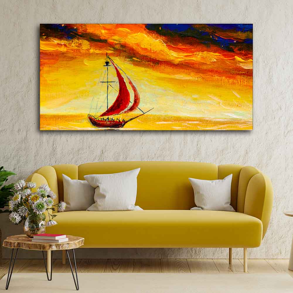 Sailing Ship with Red Sails with Yellow Sea Background Wall Painting DECORMANTRA