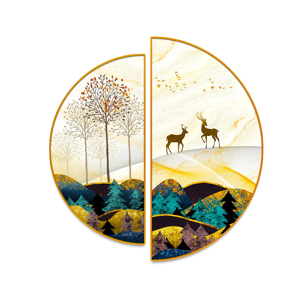 Semi Circle Golden Trees With Birds And Deer Wall Paintings & Arts Decor Mantra