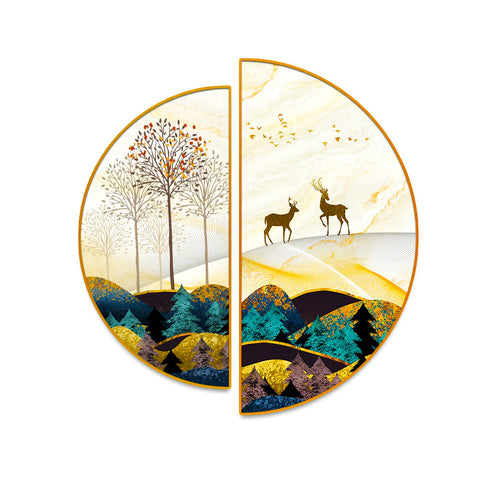 Semi Circle Golden Trees With Birds And Deer Wall Paintings & Arts