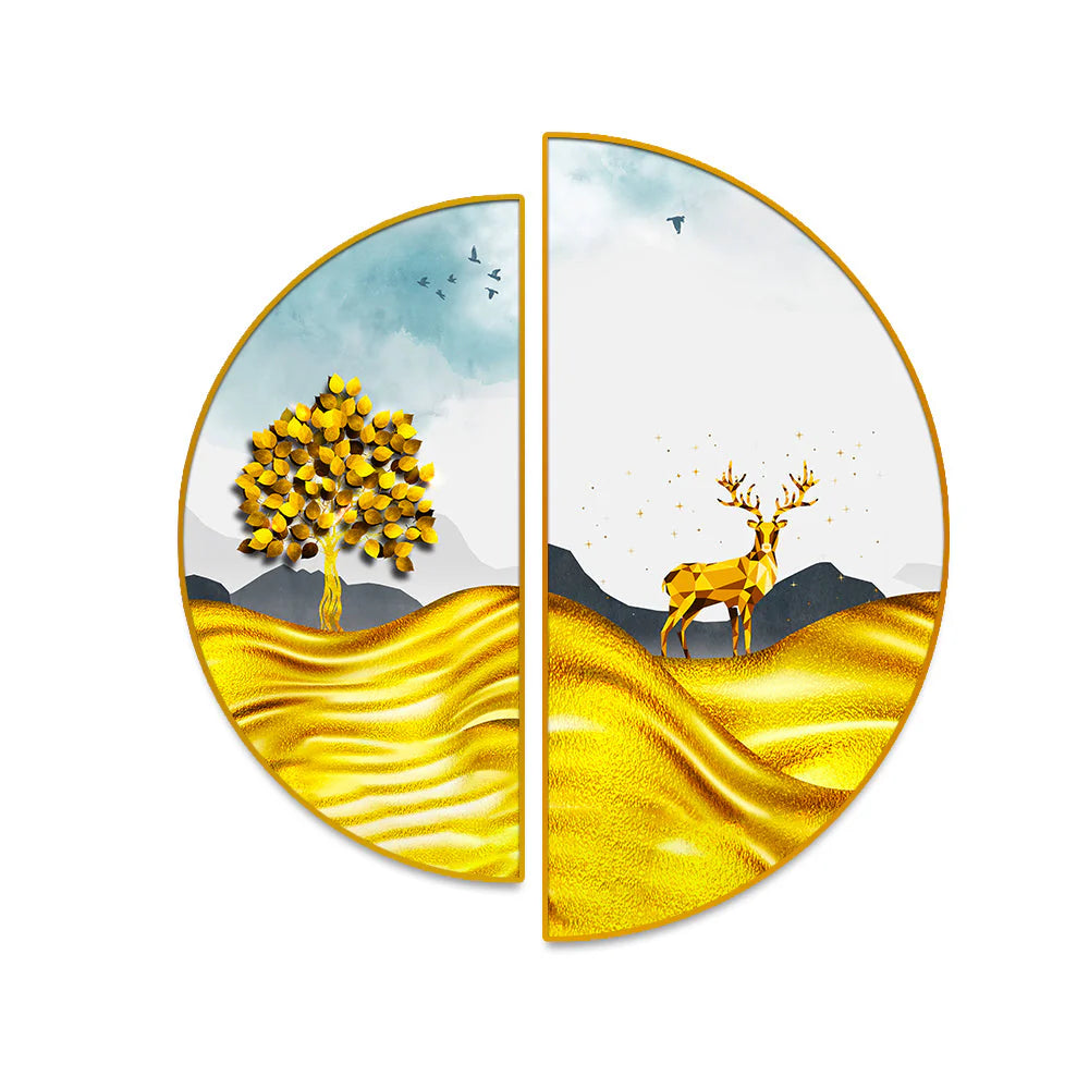Semi Circle Golden Trees With Mountains And Deer Wall Paintings & Arts Decor Mantra