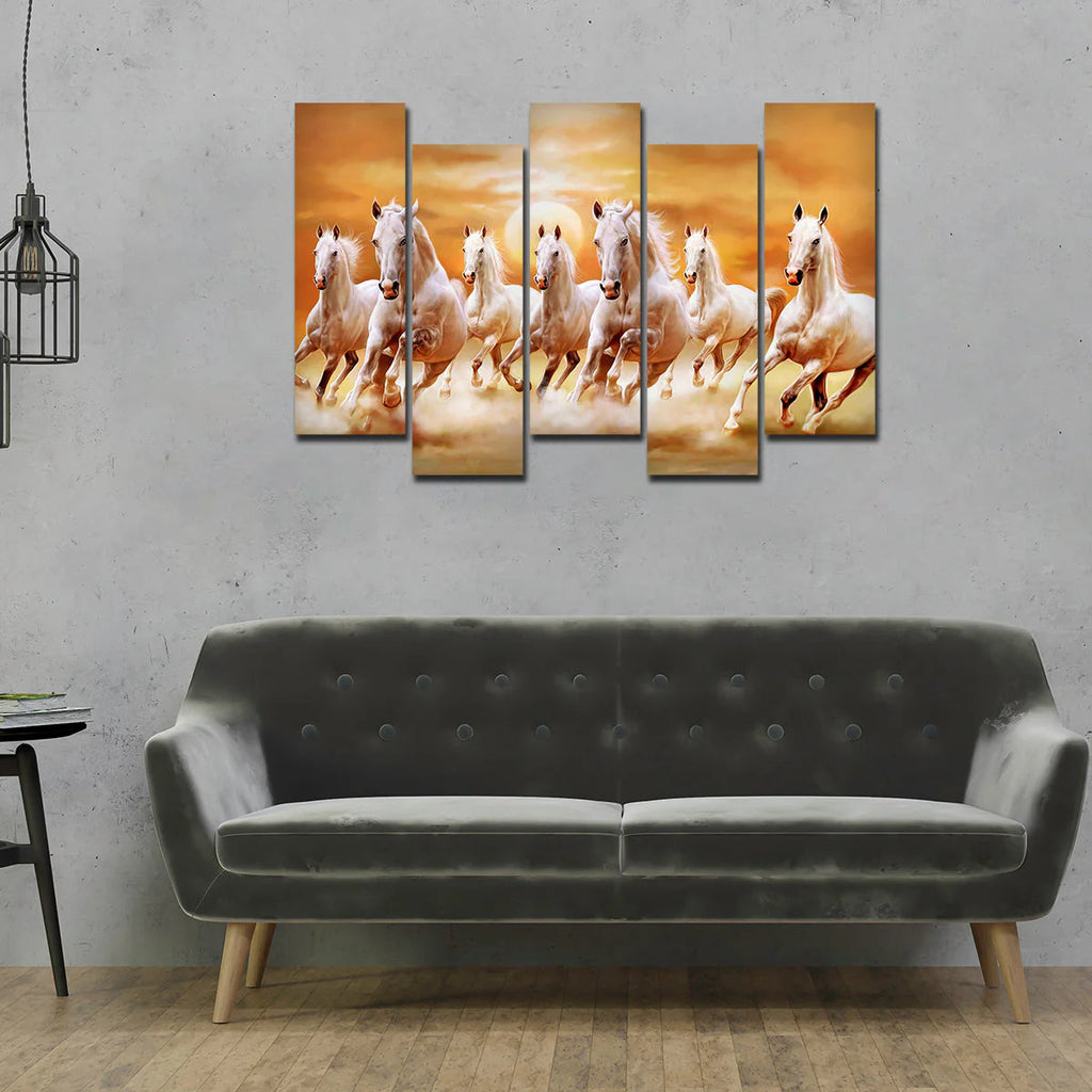Seven Running Horses Wall Painting Canvas Painting Premium 5 Pieces Decor Mantra