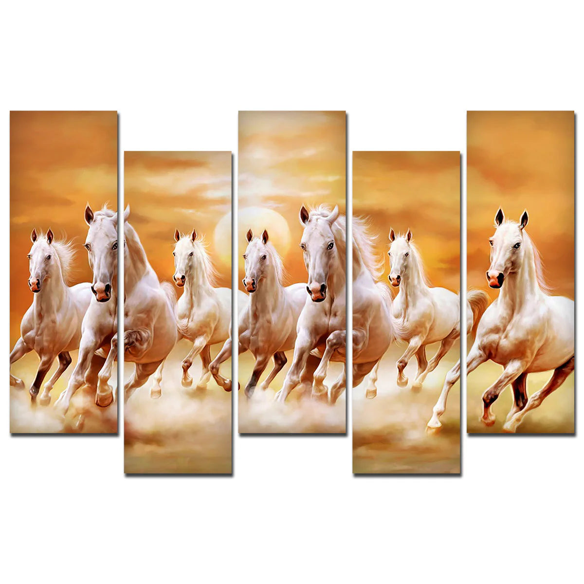 Seven Running Horses Wall Painting Canvas Painting Premium 5 Pieces Decor Mantra