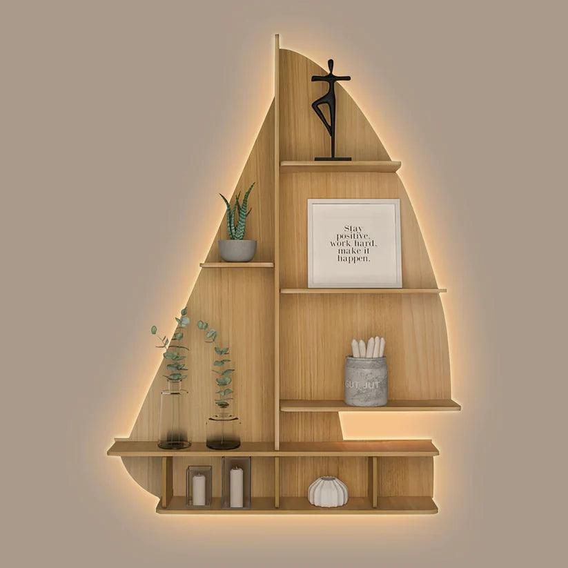 Ship Backlit Designer Wooden Wall Shelf / Book Shelf / Night Light, Oak Finish - Decor Mantra 