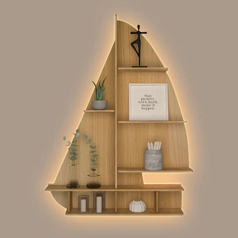 Ship Backlit Designer Wooden Wall Shelf / Book Shelf / Night Light, Oak Finish - Decor Mantra 