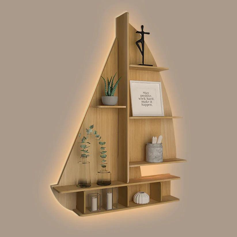 Ship Backlit Designer Wooden Wall Shelf / Book Shelf / Night Light, Oak Finish - Decor Mantra 