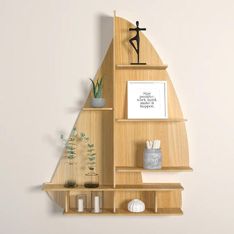 Ship Backlit Designer Wooden Wall Shelf / Book Shelf / Night Light, Oak Finish - Decor Mantra 