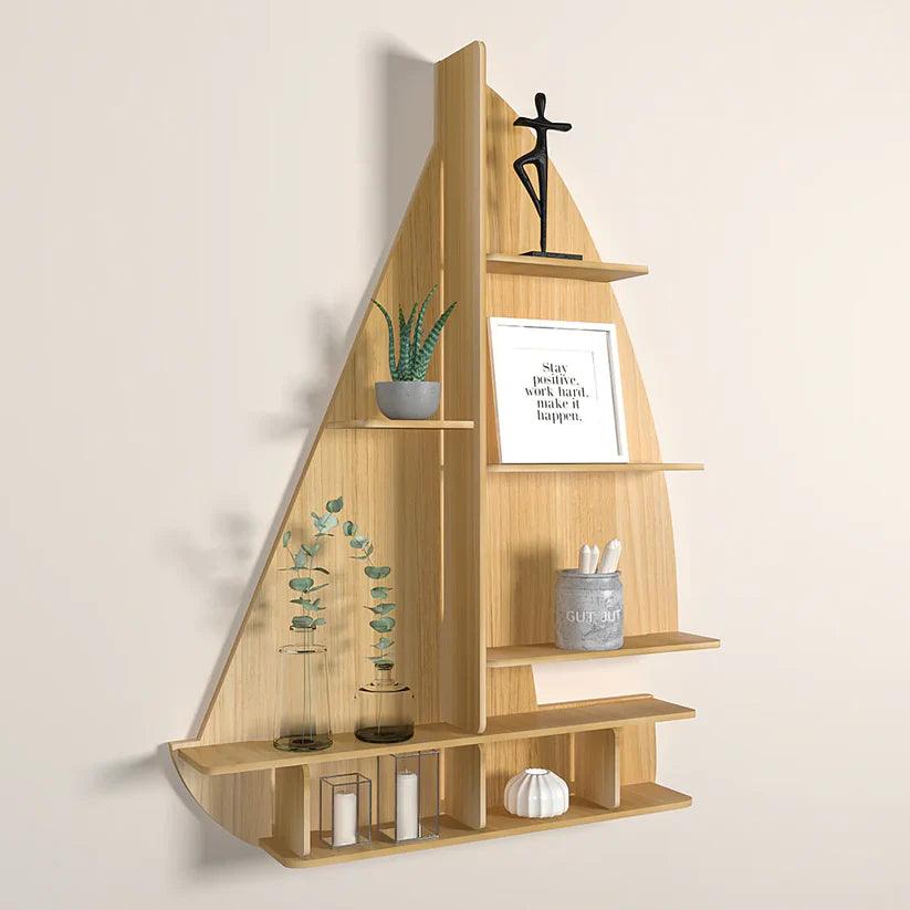 Ship Backlit Designer Wooden Wall Shelf / Book Shelf / Night Light, Oak Finish - Decor Mantra 
