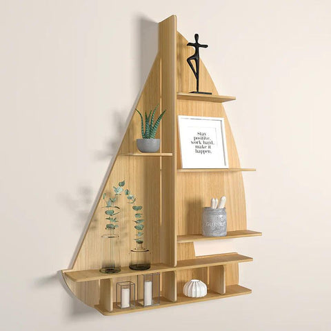 Ship Backlit Designer Wooden Wall Shelf / Book Shelf / Night Light, Oak Finish - Decor Mantra 