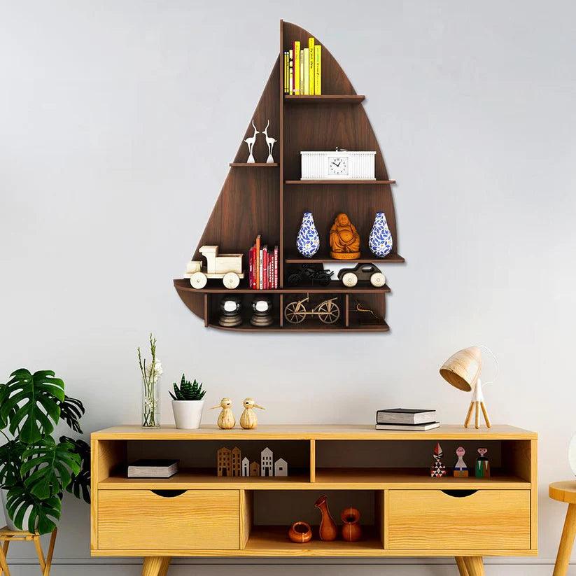 Ship Backlit Designer Wooden Wall Shelf / Book Shelf / Night Light, Walnut Finish - Decor Mantra 