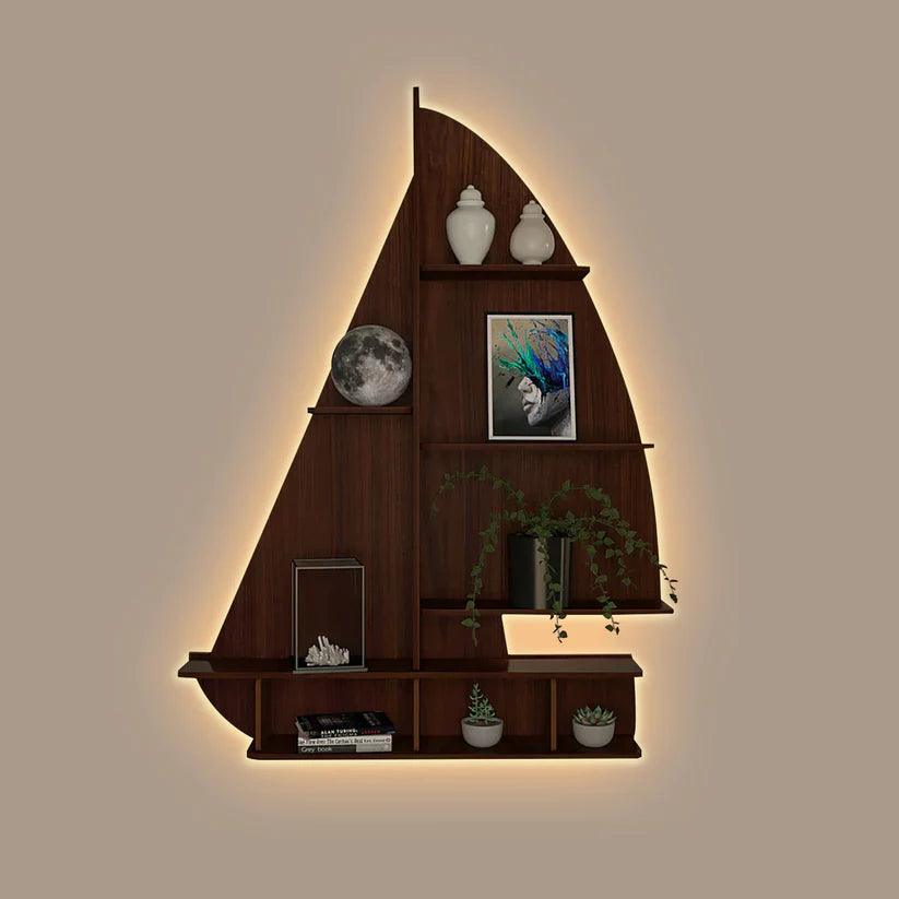 Ship Backlit Designer Wooden Wall Shelf / Book Shelf / Night Light, Walnut Finish - Decor Mantra 