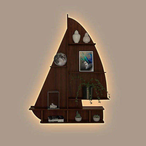 Ship Backlit Designer Wooden Wall Shelf / Book Shelf / Night Light, Walnut Finish - Decor Mantra 