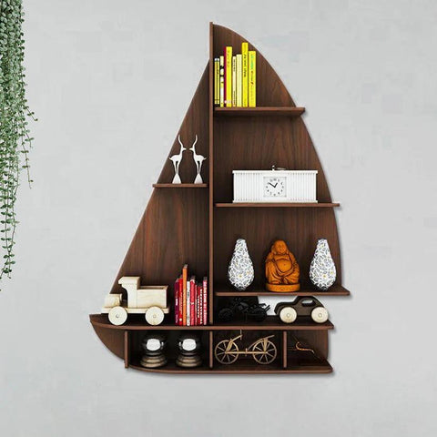 Ship Backlit Designer Wooden Wall Shelf / Book Shelf / Night Light, Walnut Finish - Decor Mantra 