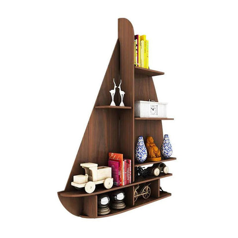 Ship Backlit Designer Wooden Wall Shelf / Book Shelf / Night Light, Walnut Finish - Decor Mantra 