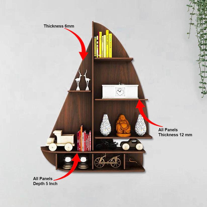 Ship Backlit Designer Wooden Wall Shelf / Book Shelf / Night Light, Walnut Finish - Decor Mantra 