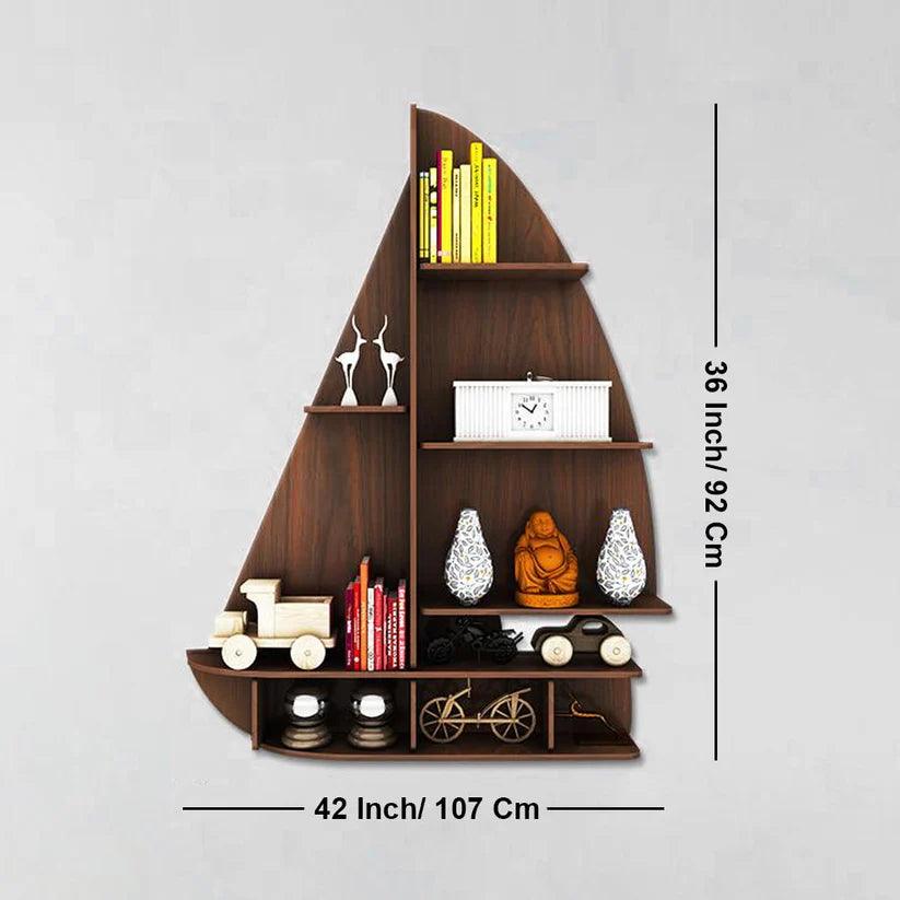 Ship Backlit Designer Wooden Wall Shelf / Book Shelf / Night Light, Walnut Finish - Decor Mantra 