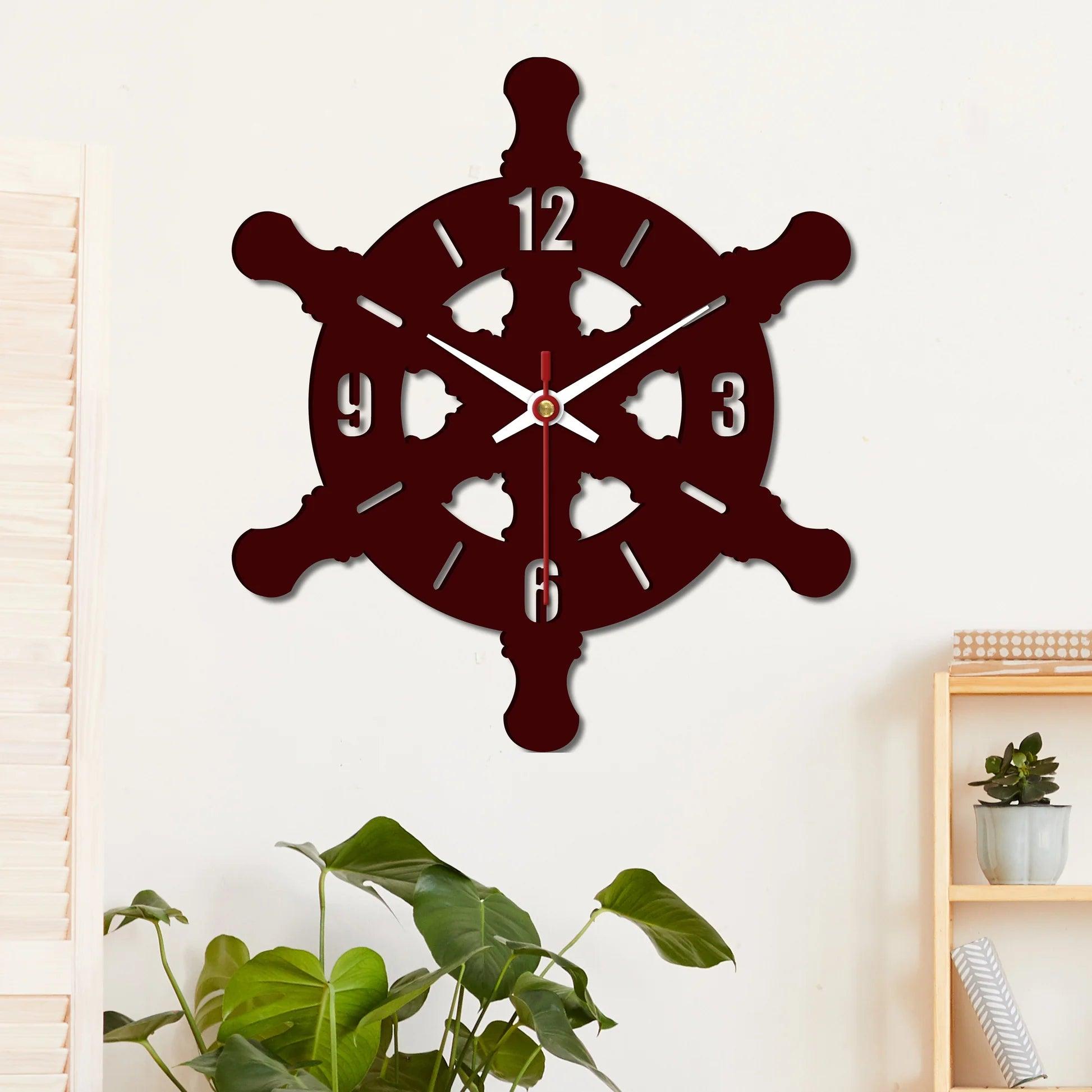 Ship Wheel Shape Wooden Wall Clock - Decor Mantra 