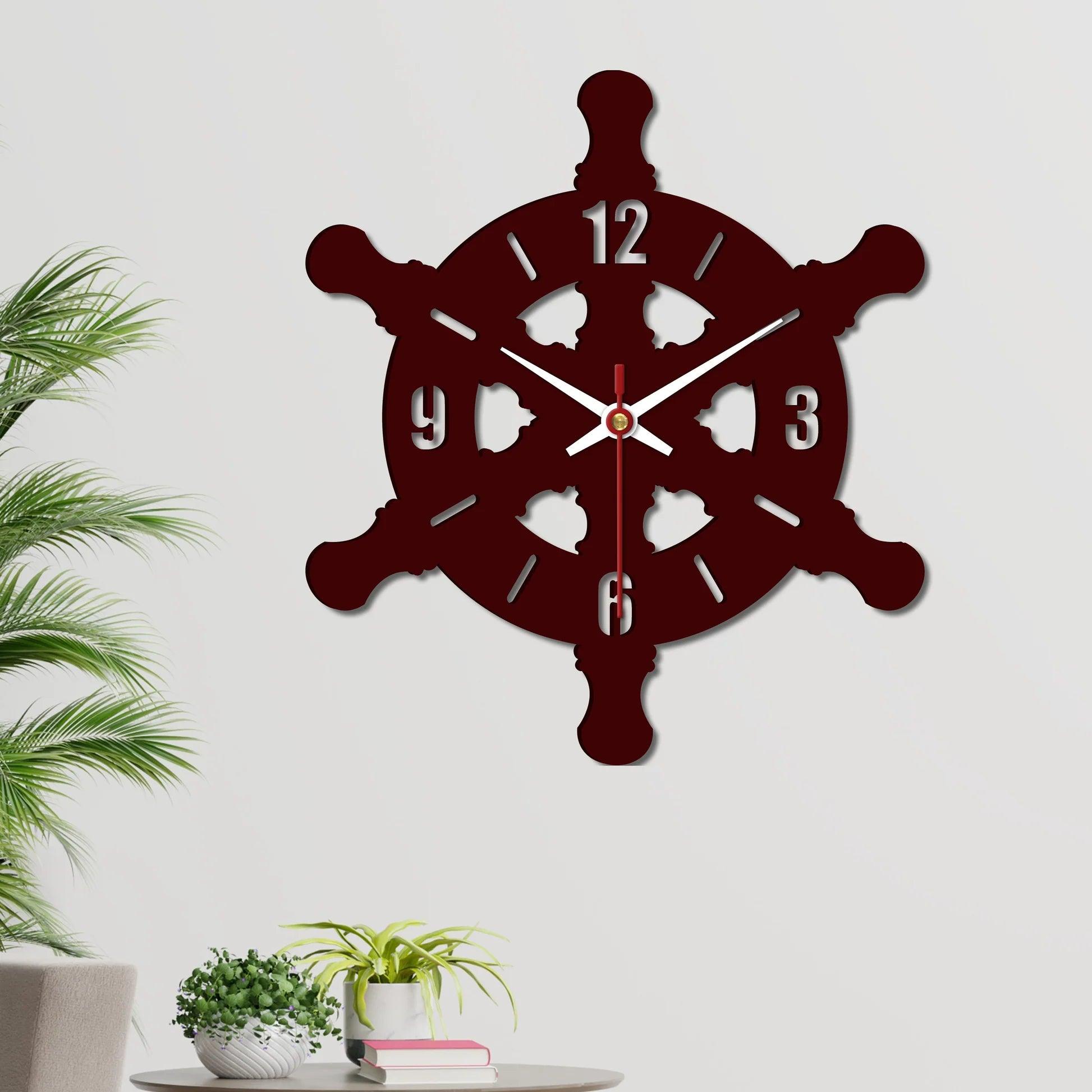 Ship Wheel Shape Wooden Wall Clock - Decor Mantra 