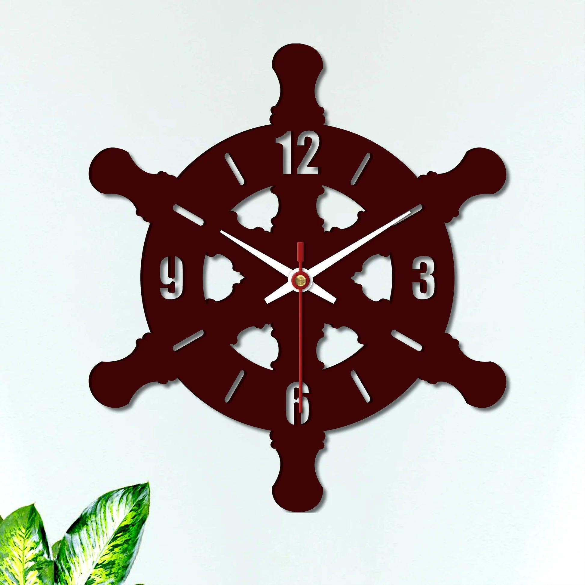 Ship Wheel Shape Wooden Wall Clock - Decor Mantra 
