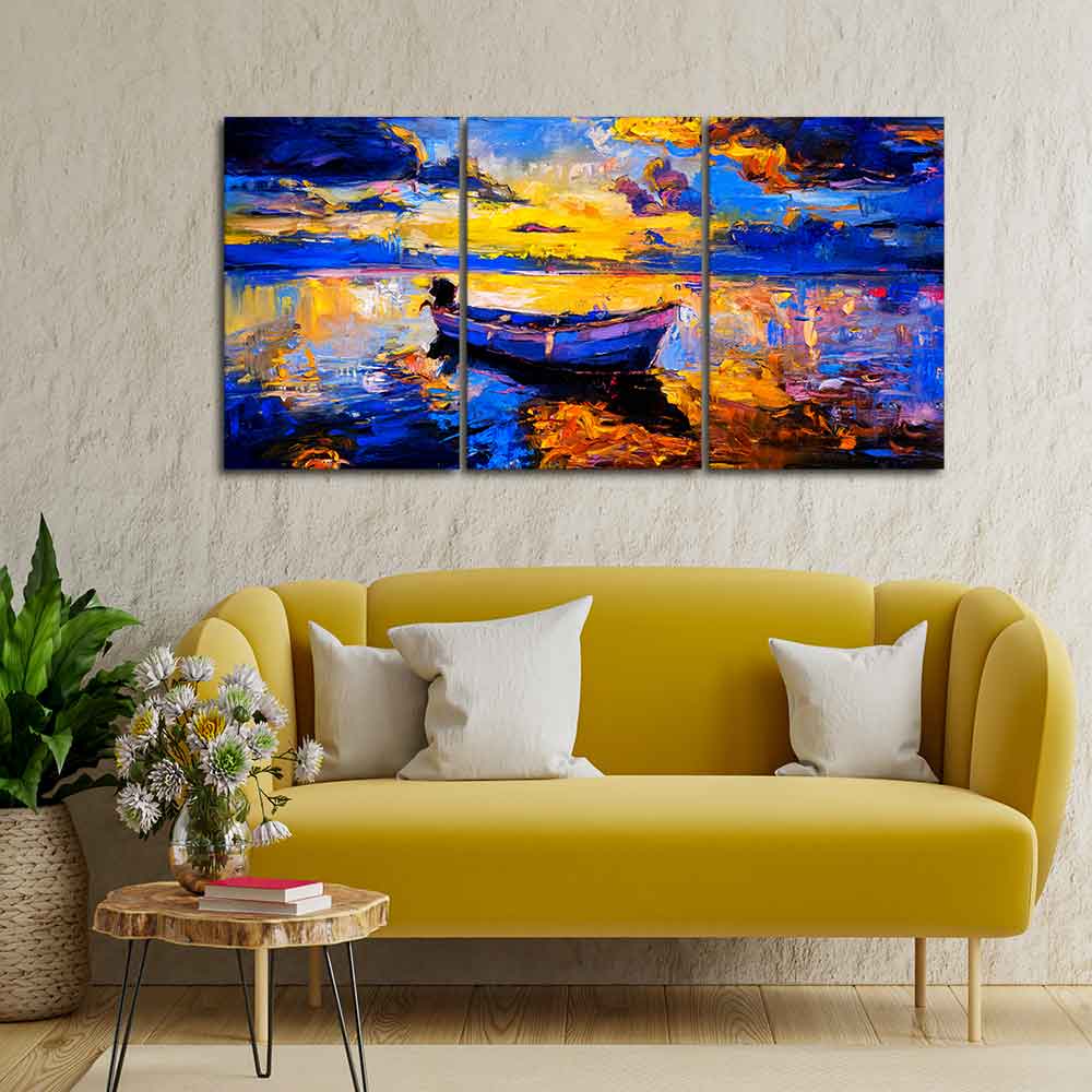 Sky Sunset and Boat on the Water 3 Pieces Canvas Wall Painting DECORMANTRA