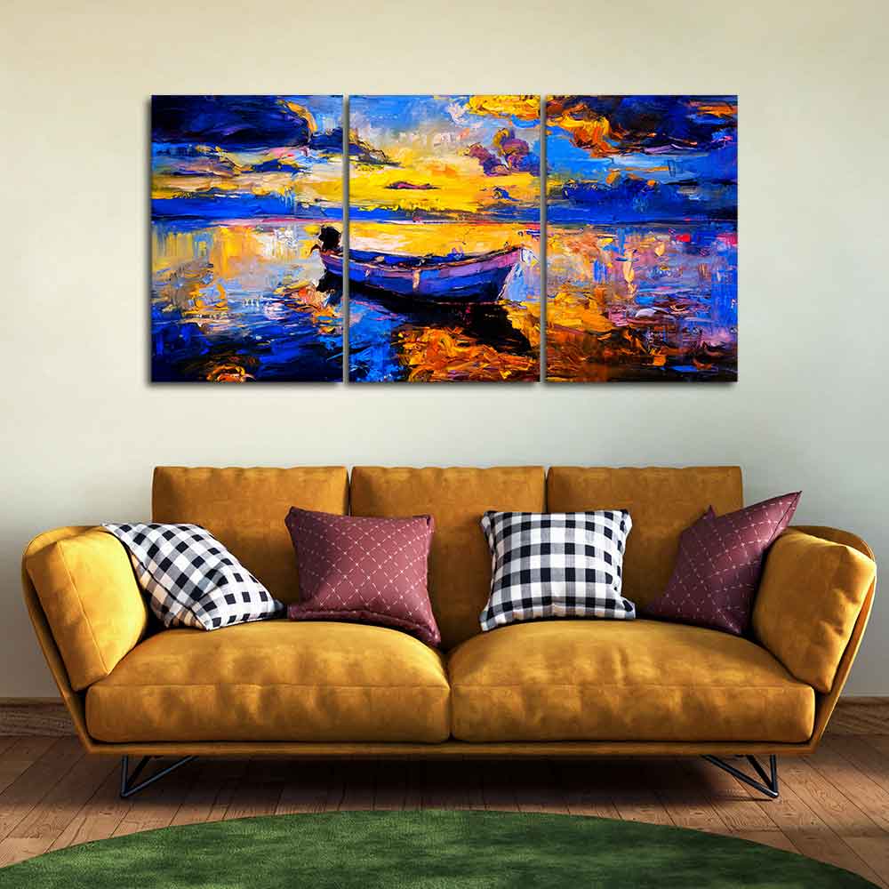 Sky Sunset and Boat on the Water 3 Pieces Canvas Wall Painting DECORMANTRA