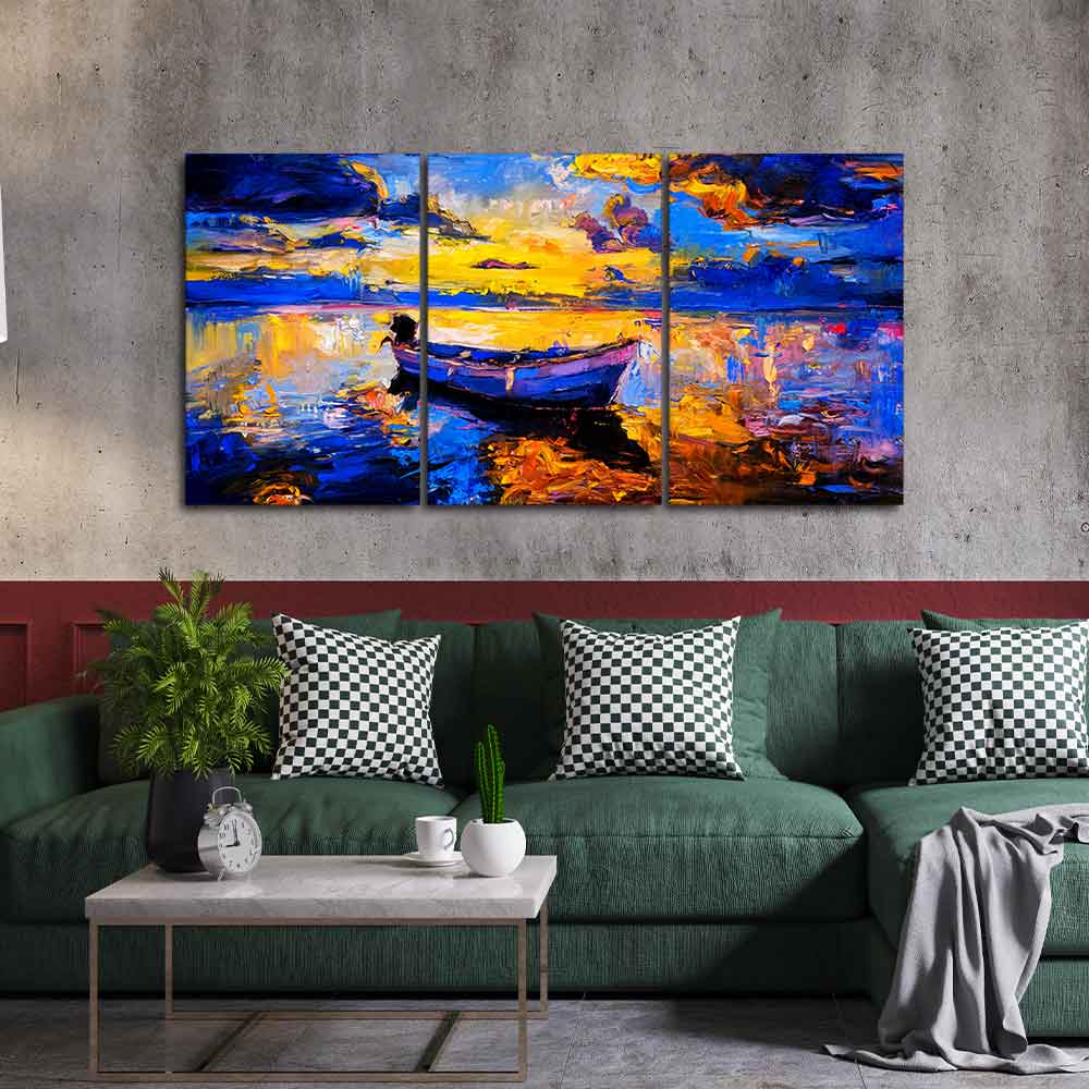 Sky Sunset and Boat on the Water 3 Pieces Canvas Wall Painting DECORMANTRA