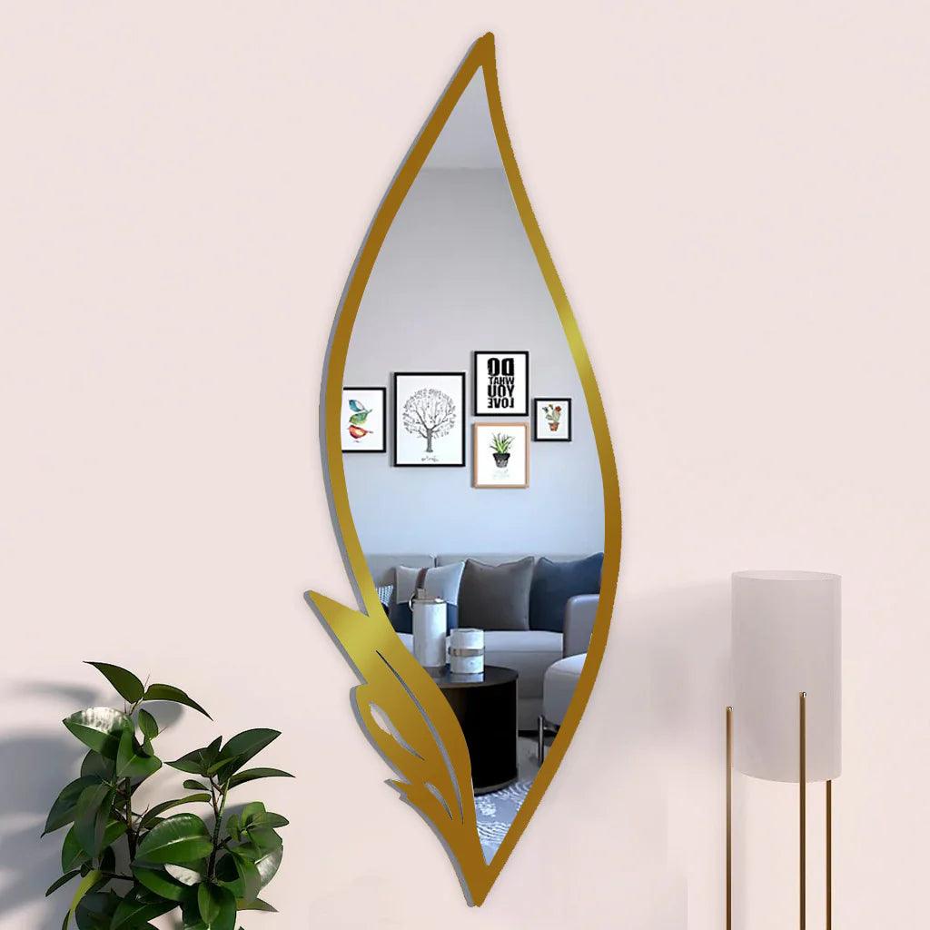 Slender Big Leafs Vanity Mirror with Metallic Golden Finish Frame - Decor Mantra 