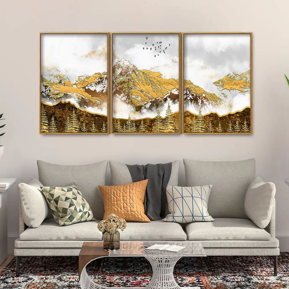 Smoke Cloud Golden Mountain Peak Floating Canvas Wall Painting Set of Three DECORMANTRA
