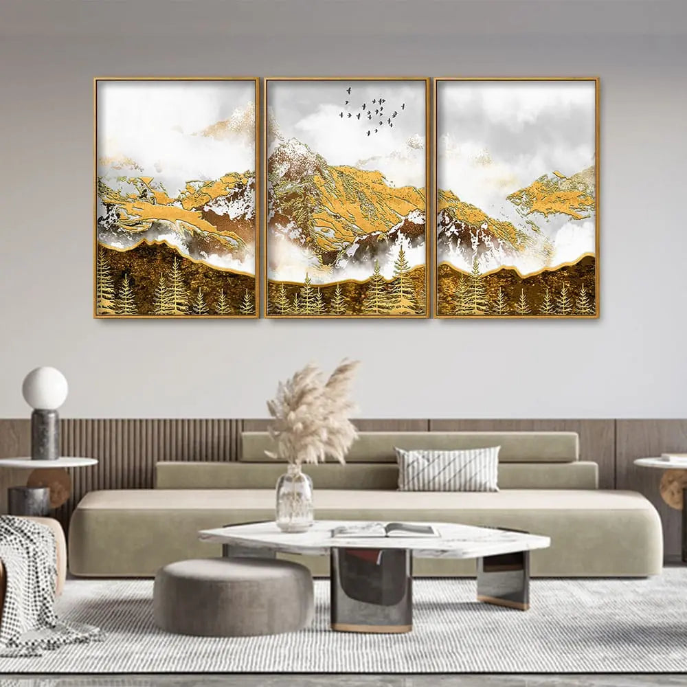 Smoke Cloud Golden Mountain Peak Floating Canvas Wall Painting Set of Three DECORMANTRA