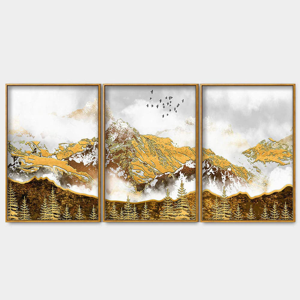 Smoke Cloud Golden Mountain Peak Floating Canvas Wall Painting Set of Three DECORMANTRA