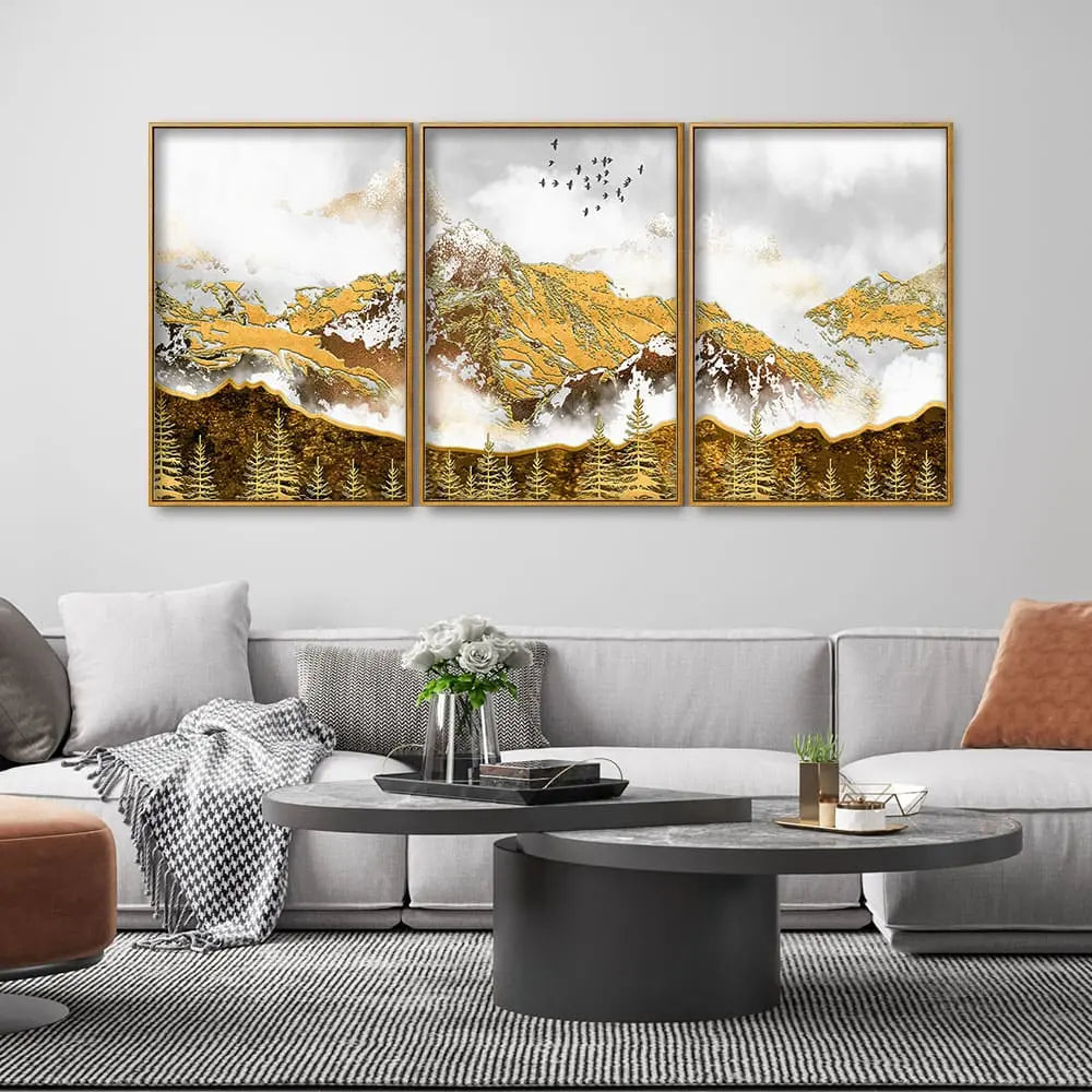 Smoke Cloud Golden Mountain Peak Floating Canvas Wall Painting Set of Three DECORMANTRA