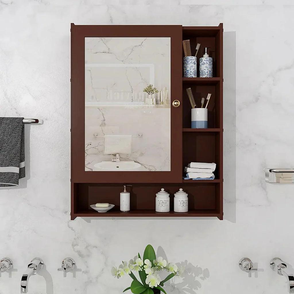 Spacious Dressing Bathroom Mirror Cabinet with 6 Shelves with Wooden Brown Finish - Decor Mantra 