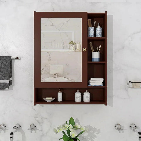 Spacious Dressing Bathroom Mirror Cabinet with 6 Shelves with Wooden Brown Finish - Decor Mantra 