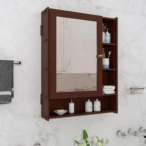 Spacious Dressing Bathroom Mirror Cabinet with 6 Shelves with Wooden Brown Finish - Decor Mantra 