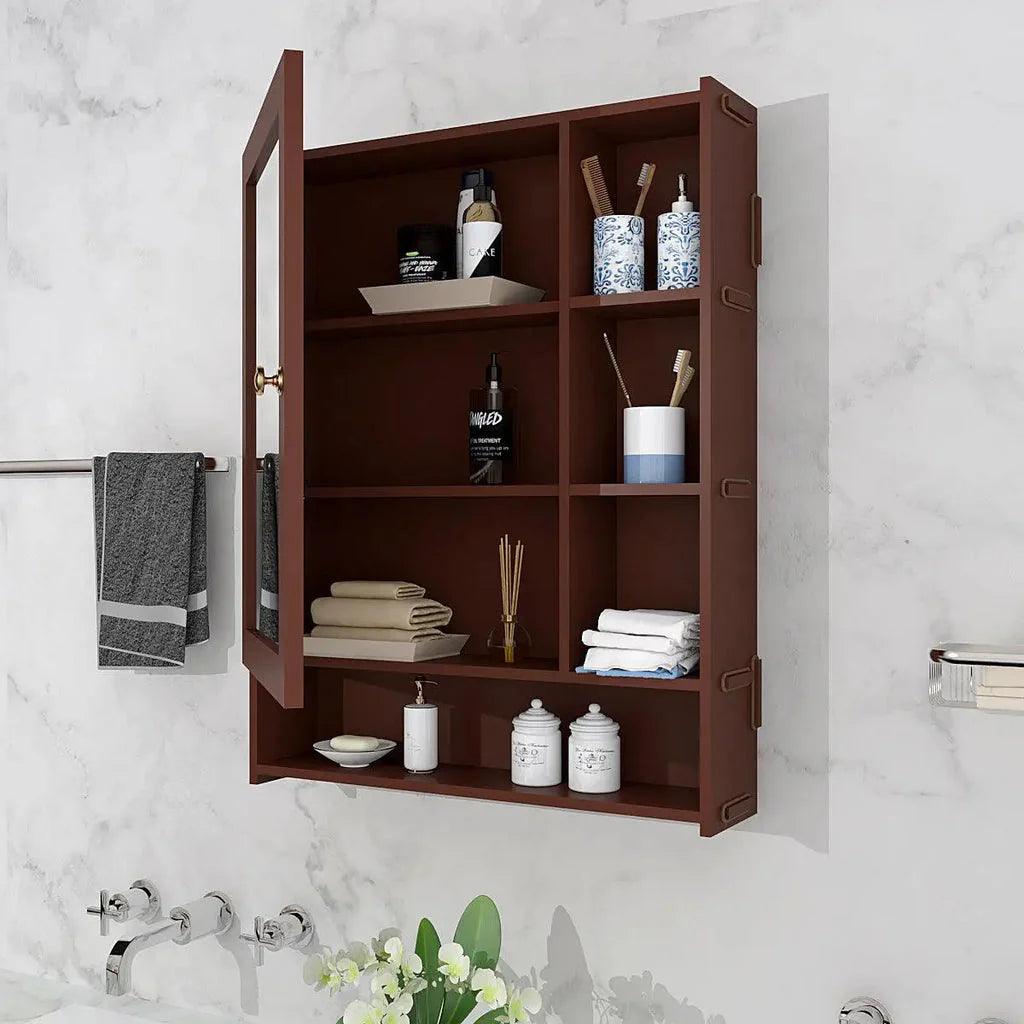 Spacious Dressing Bathroom Mirror Cabinet with 6 Shelves with Wooden Brown Finish - Decor Mantra 